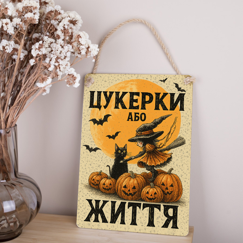 Деревянная табличка-постер 34х24 см "Конфеты или жизнь" на Хэллоуин